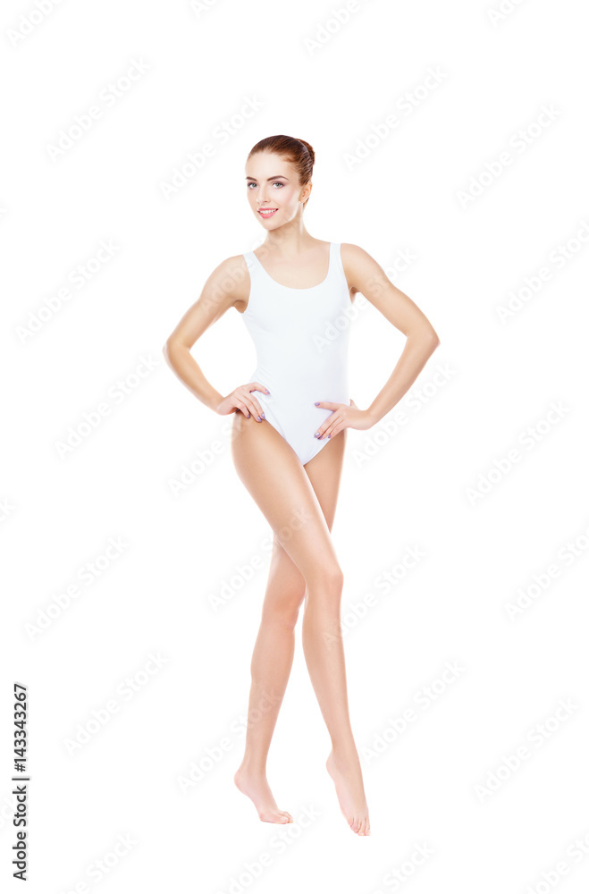 Fit and sporty girl in white underwear. Beautiful and healthy woman posing over isolated white background. Sport, fitness, diet, weight loss and healthcare concept. Fit and sporty girl in white underwear. Beautiful and healthy woman posing over isolated white background. Sport, fitness, diet, weight loss and healthcare concept.