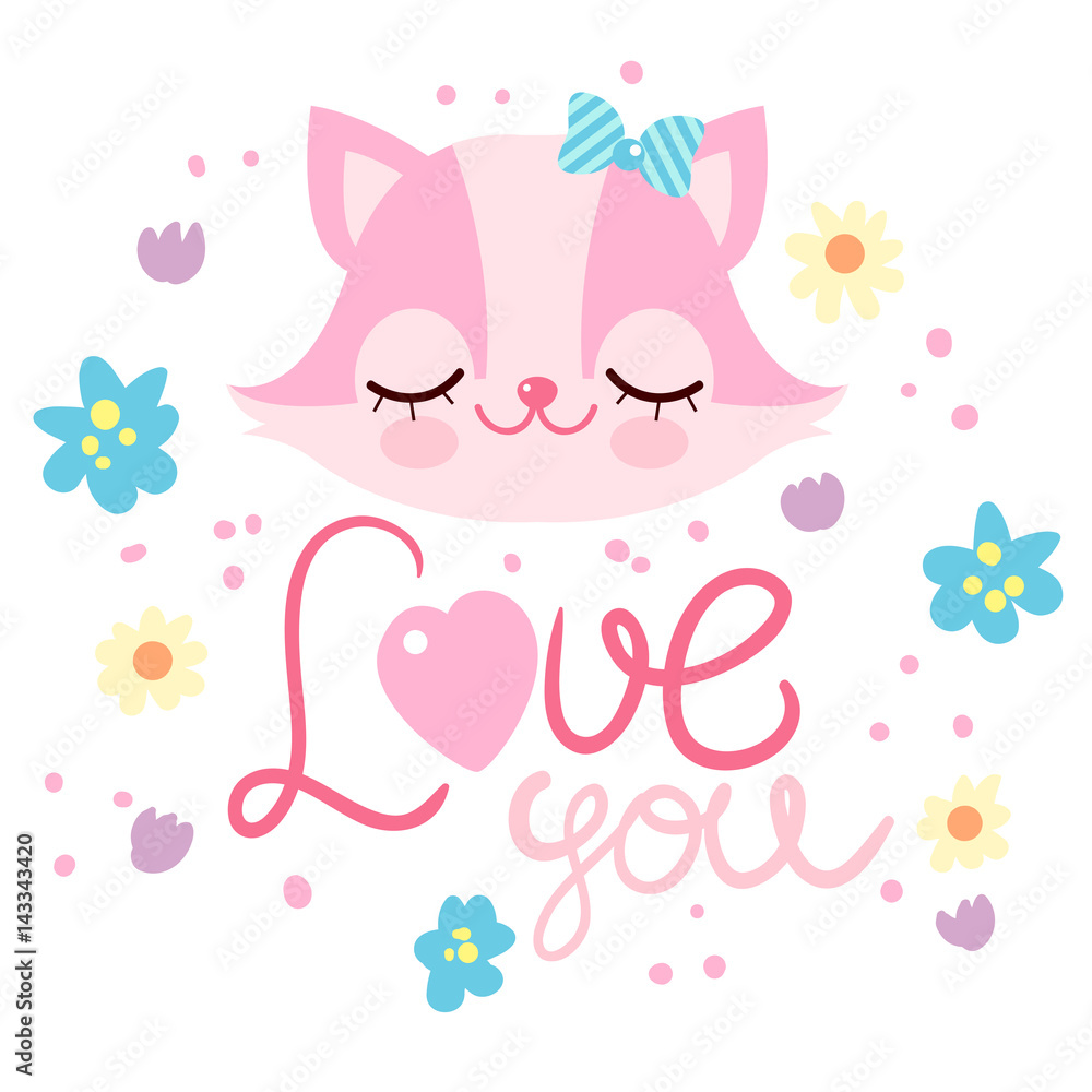 Cute kitty with love to you on the flowers backgound. Children character. Love banner. Valentine's Day