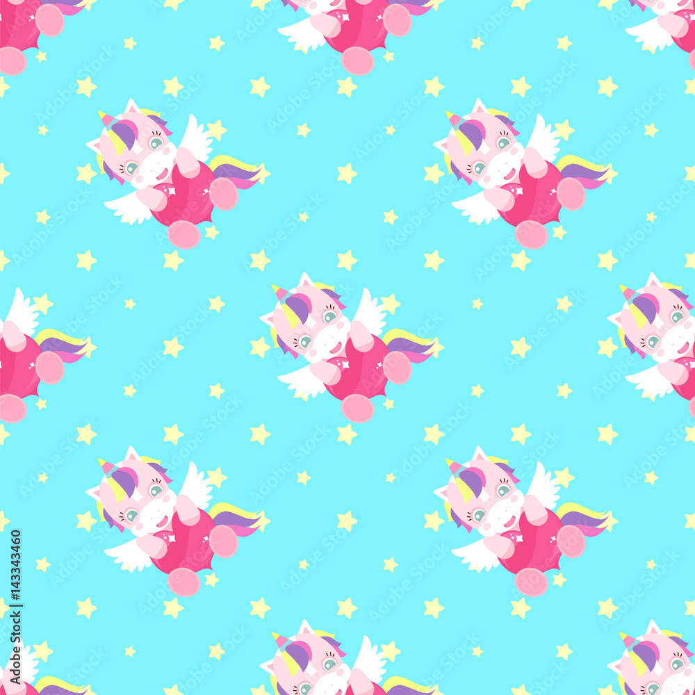 A cute unicorn with a pink heart and wings pattern. Rainbow banner. Children's character. St. Valentine's Day A cute unicorn with a pink heart and wings pattern. Rainbow banner. Children's character. St. Valentine's Day