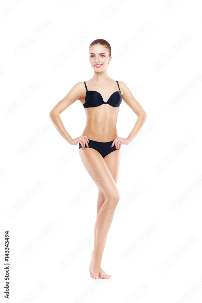 Fit, healthy and sporty woman in black underwear isolated on white. Sport, fitness, diet, weight loss and healthcare concept. Fit, healthy and sporty woman in black underwear isolated on white. Sport, fitness, diet, weight loss and healthcare concept.