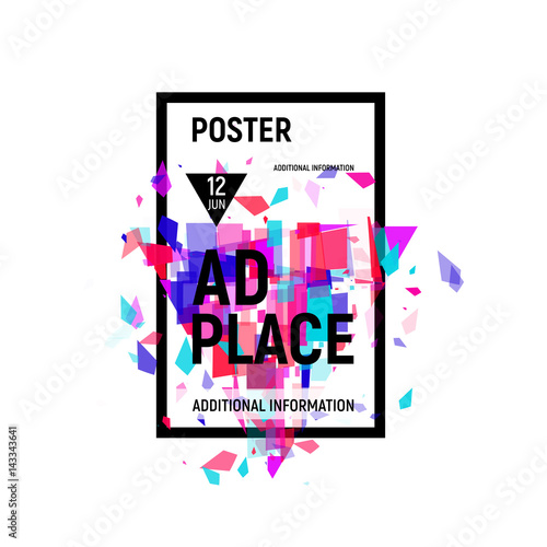 Isolated abstract colorful broken glass explosion in rectangular frame, ad place poster in pink shades,geometric elements vector illustration
