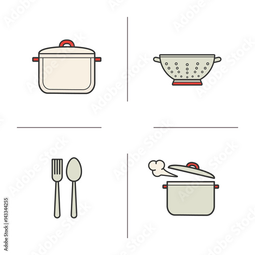 Kitchen items color icons set