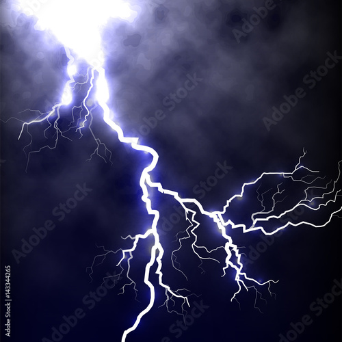 Isolated realistic lightning in the dark blue sky,tunderstorm element vector illustration