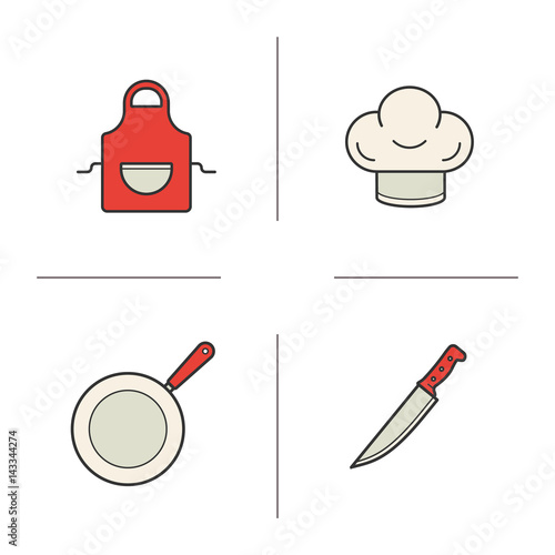 Chef's equipment color icons set