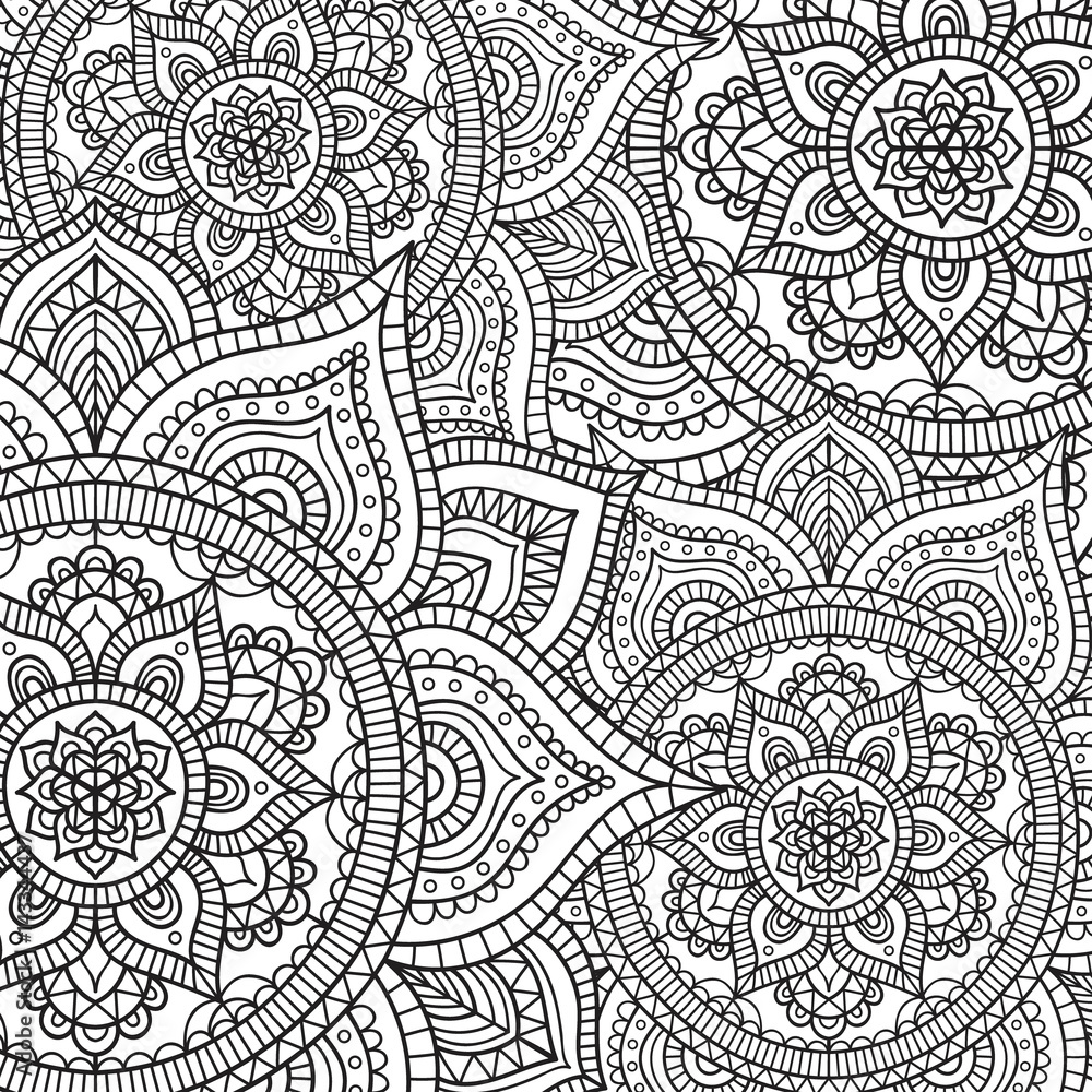 Naklejka premium Doodle pattern with ethnic mandala ornament. Black and white illustration. Outline. Coloring page for coloring book.