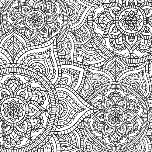 Doodle pattern with ethnic mandala ornament. Black and white illustration. Outline. Coloring page for coloring book.