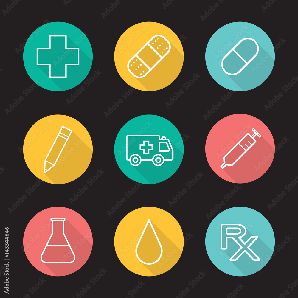 Hospital flat linear long shadow icons set Hospital flat linear long shadow icons set