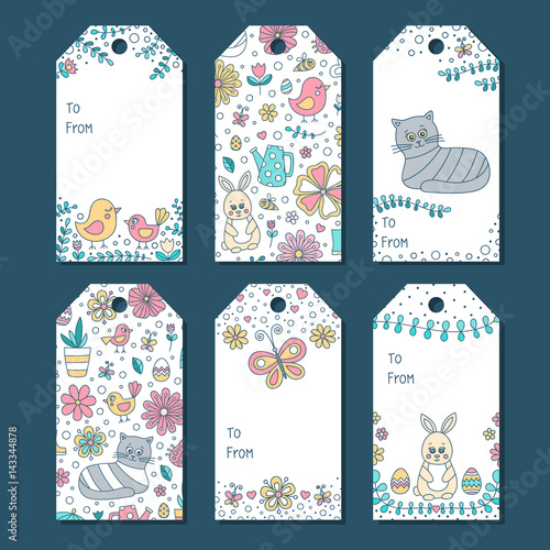 Set of six printable tags with hand drawn decor. Isolated. Collection of doodle spring label.