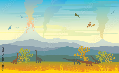 Prehistoric landscape with volcanos and dinos. © Natali Snailcat