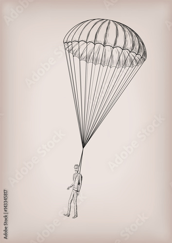 Parachute chute brolly or guardian angel with men person fly, flying. Vector closeup vintage old school illustration hand drawn in black line