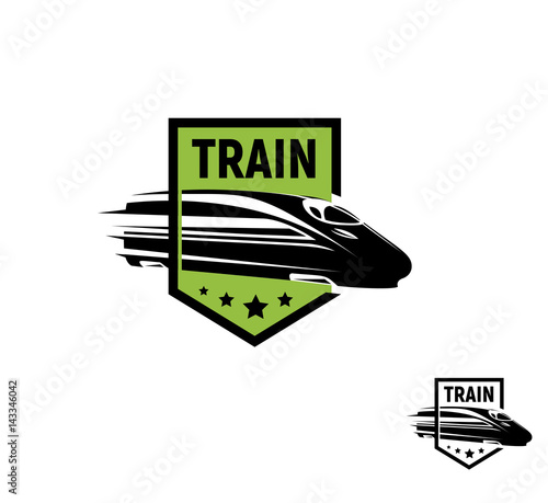 Isolated abstract black color train in green frame logo on white background, monochrome modern railway transport logotype, railroad element in engraving style vector illustration