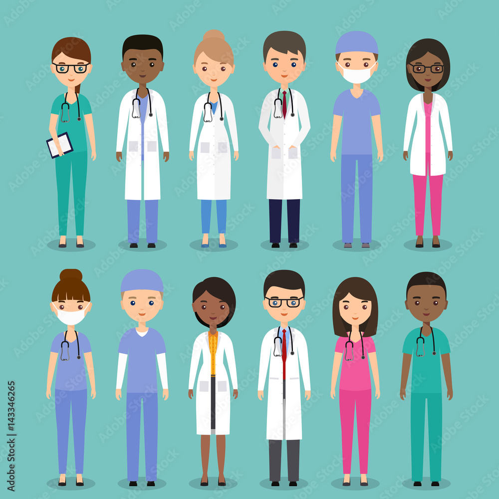 Icons medical characters doctors, nurses and surgeons. Vector flat people. Hospital staff. Medicine concept. Icons medical characters doctors, nurses and surgeons. Vector flat people. Hospital staff. Medicine concept.