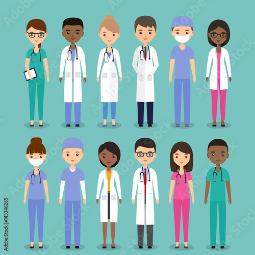 Icons medical characters doctors, nurses and surgeons. Vector flat people. Hospital staff. Medicine concept.