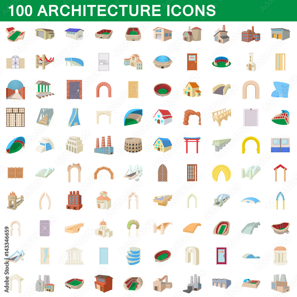 100 architecture icons set, cartoon style 100 architecture icons set, cartoon style
