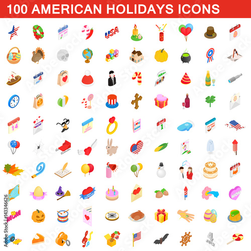 100 American holidays cons set, isometric 3d style