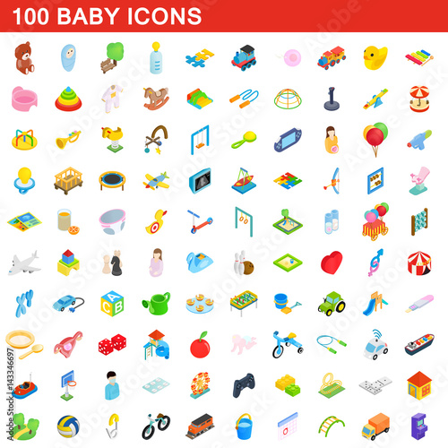 100 baby icons set, isometric 3d style