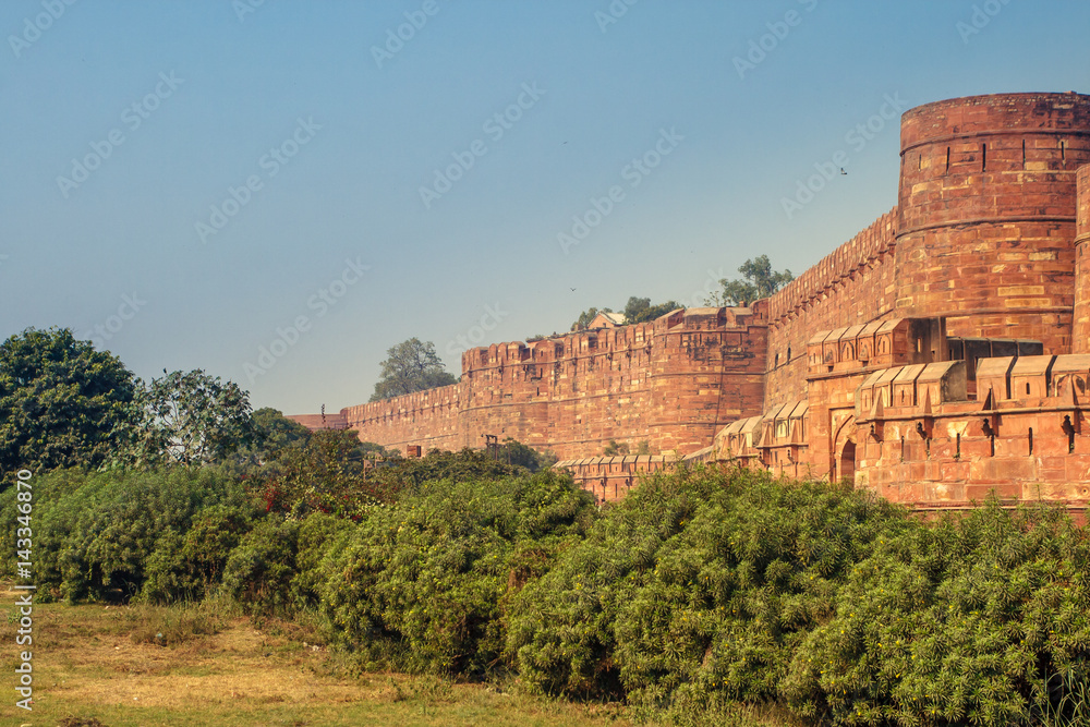 View of the Agra Fort with a blue sky and green bushes on the front. Agra Fort is a historical fort in the city of Agra in India. It is also a UNESCO World Heritage site and is about 2.5 km northwest