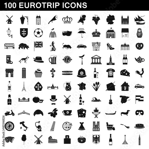 100 eurotrip icons set, simple style photo