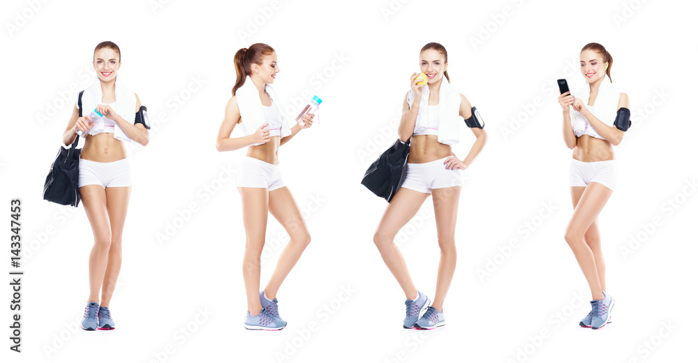 Collage of young and fit women in white sporty lingerie