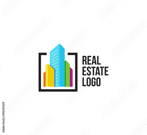 Isolated colorful real estate agency logo, house logotype on white, home concept icon,skyscraper vector illustration