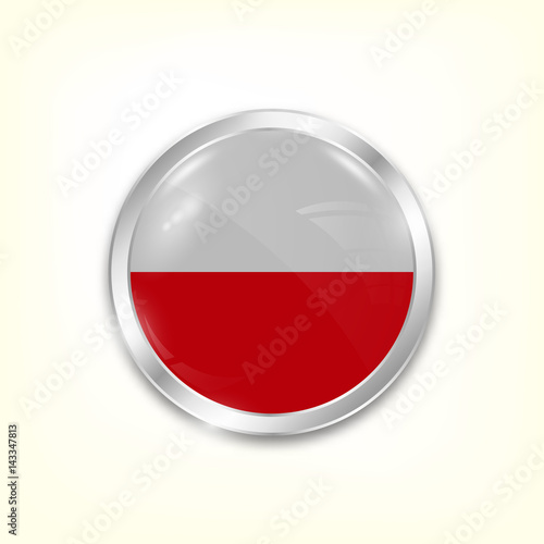 Round button national flag of Poland with the reflection of light and shadow. Icon country. Realistic vector illustration.