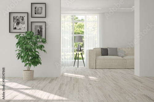 White room with sofa and green landscape in window. Scandinavian interior design. 3D illustration