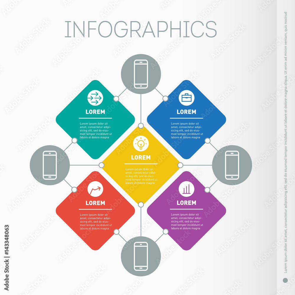 Business presentation with 5 options. Web Template of mind map, slide, info chart or diagram. Vector dynamic infographics of technology or education process. Business presentation with 5 options. Web Template of mind map, slide, info chart or diagram. Vector dynamic infographics of technology or education process.