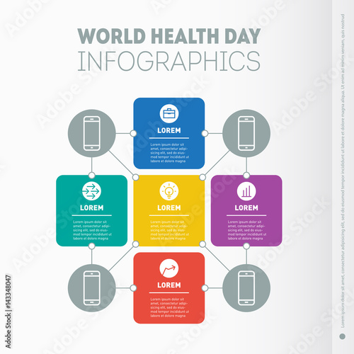  World Health Day infographics template. Vector Diagram with 5 options. Part of the report with icons set.