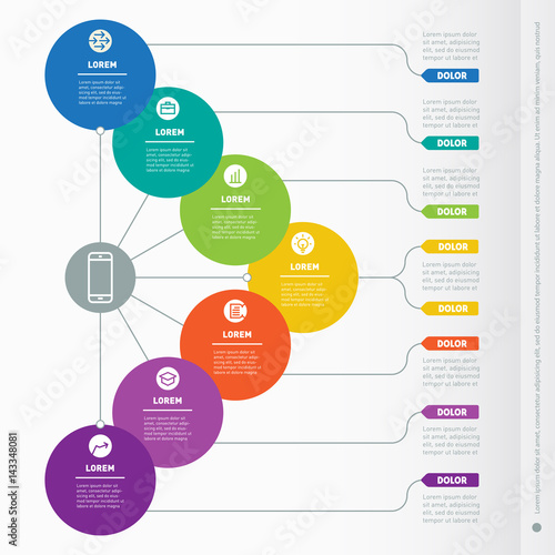 Business presentation with seven options. Web Template of a info chart, mindmap or diagram. Vector dynamic infographics of technology or education process. 