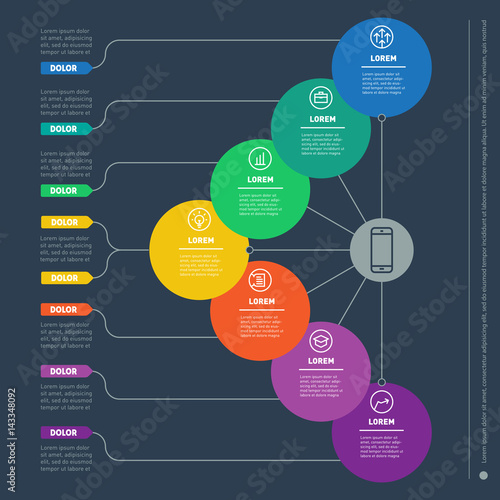 Business presentation with 7 options. Web Template of a info chart, mindmap or diagram. Part of the report with simple geometric elements. Vector dynamic infographics.