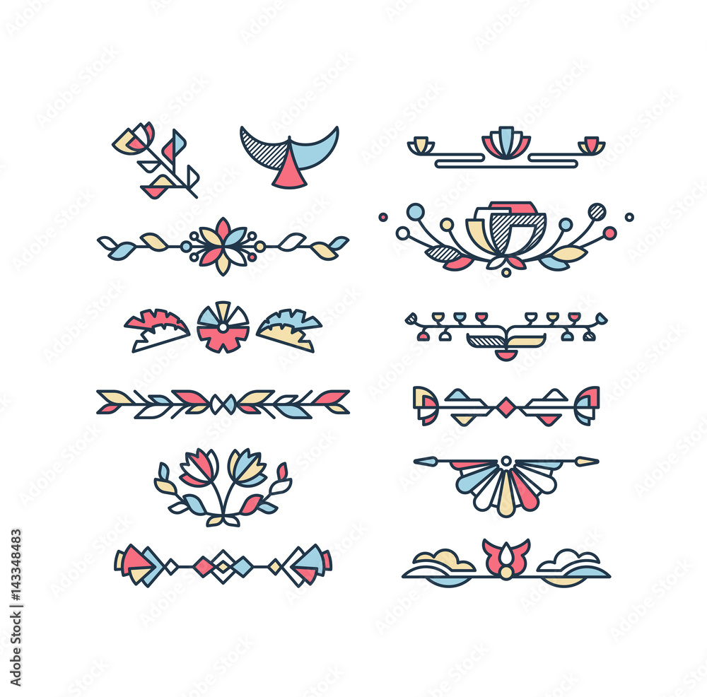 Fototapeta premium Vector set of color floral decorative elements and text decorations.