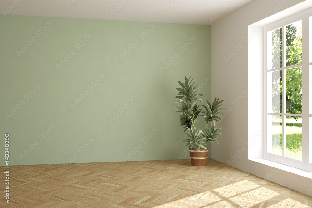 White empty room with green landscape in window. Scandinavian interior design. 3D illustration White empty room with green landscape in window. Scandinavian interior design. 3D illustration