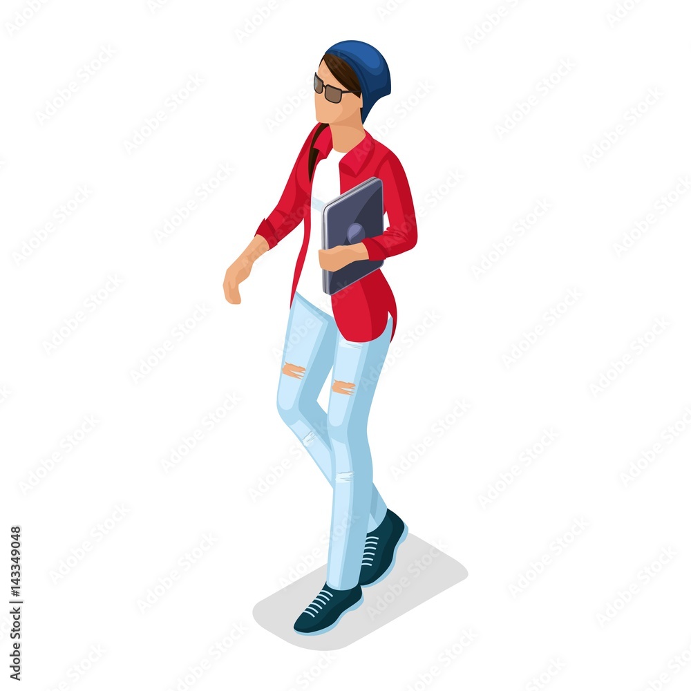 Trendy Isometric people and gadgets, a teenager, a young girl, student, hi tech technology, pad, laptop, stylish clothes isolated Trendy Isometric people and gadgets, a teenager, a young girl, student, hi tech technology, pad, laptop, stylish clothes isolated