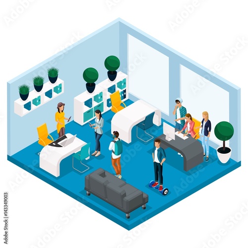 Trendy Isometric people and gadgets, room coworking center, room for creative work and play, stylish interior, laptop, working freelancers, artists, programmers are