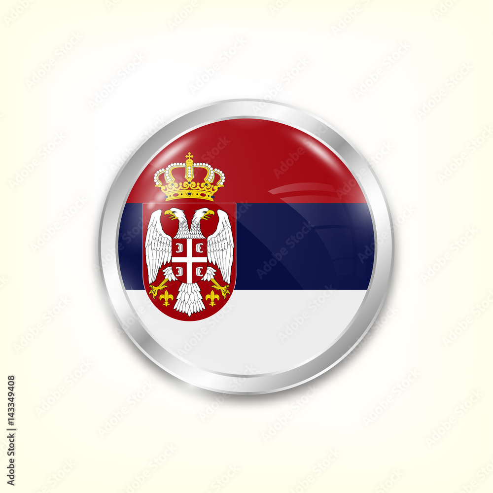 Round button national flag of Serbia with the reflection of light and shadow. Icon country. Realistic vector illustration.