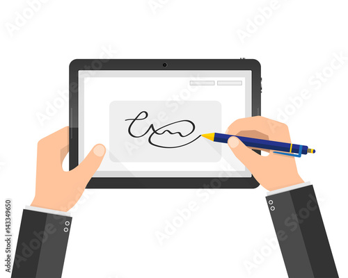 Modern handwritten digital signature on tablet. Vector illustration