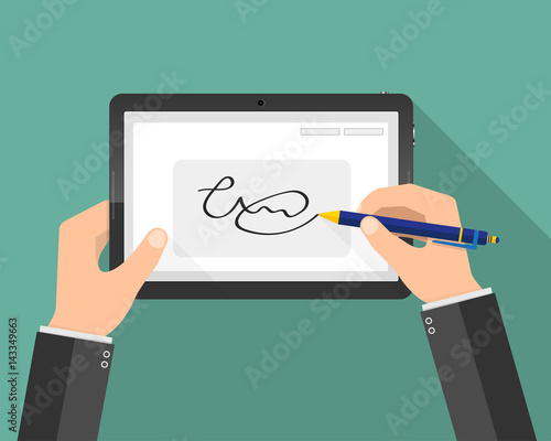 Modern handwritten digital signature on tablet. Vector illustration