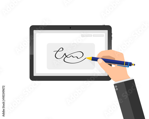 Modern handwritten digital signature on tablet. Vector illustration