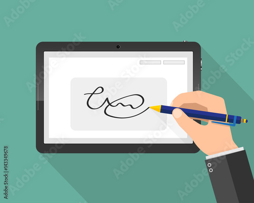 Modern handwritten digital signature on tablet. Vector illustration