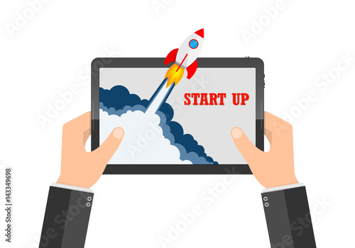 The spacecraft crashes outside tablet screen. Vector illustration. Concept of business start-up.