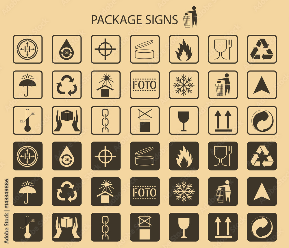 Vector packaging symbols on vector. Shipping icon set including recycling, fragile, the shelf life of the product, flammable, non-toxic material, this side up, other symbols. Use on package. Vector packaging symbols on vector. Shipping icon set including recycling, fragile, the shelf life of the product, flammable, non-toxic material, this side up, other symbols. Use on package.