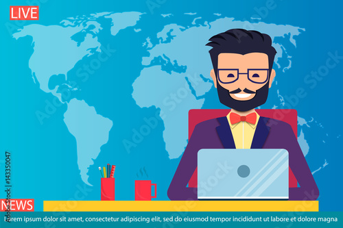 Breaking news. Anchorman on tv broadcast news. Breaking news. News announcer in the studio. Vector illustration in flat style.