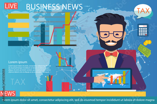 Breaking news. Anchorman on tv broadcast news. Breaking news. News announcer in the studio. Vector illustration in flat style.