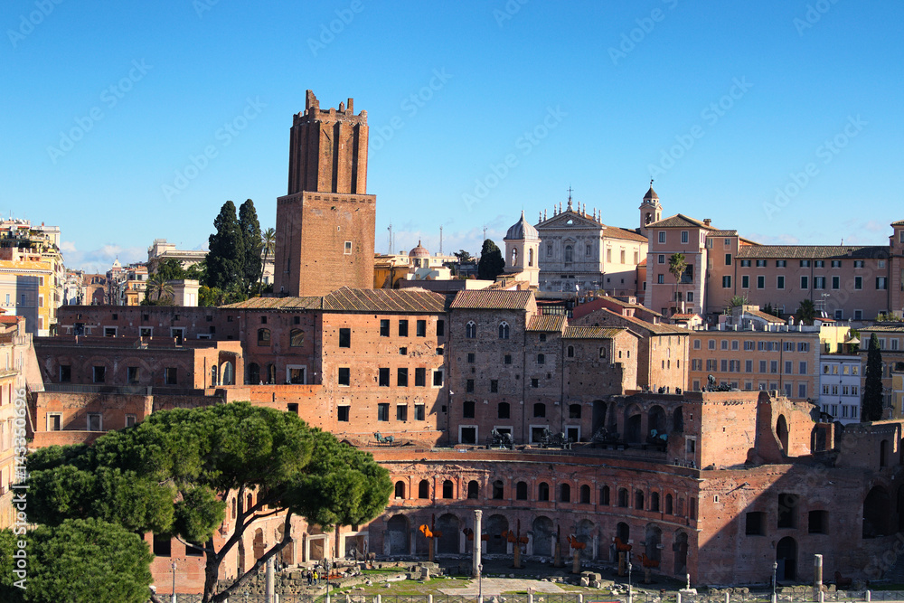 A panoramic view on Trajan's Market (Mercati Traianei) on the Via dei Fori Imperiali, in Rome, Italy