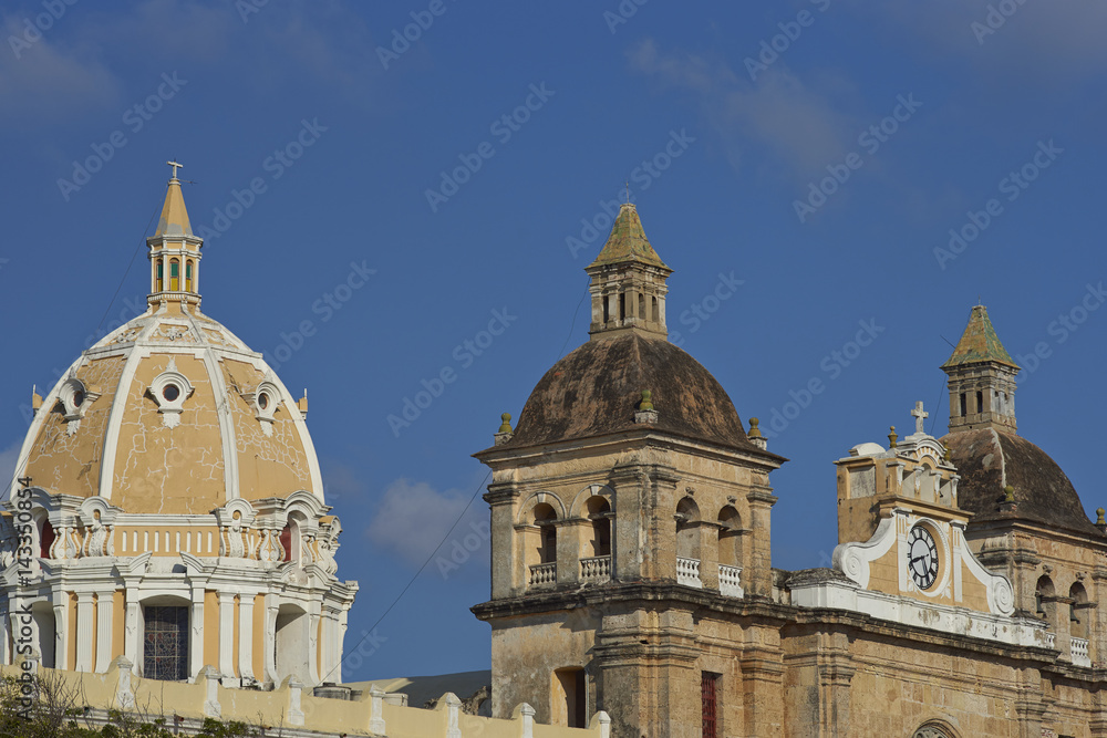 Towers and dome of the historic Iglesia de San Pedro Claver in the Spanish colonial city of Cartagena in Colombia.