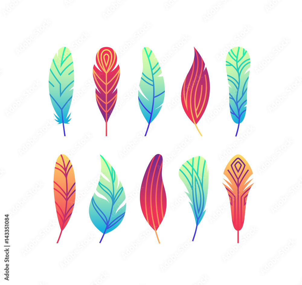 Color gradient abstract feathers' set.