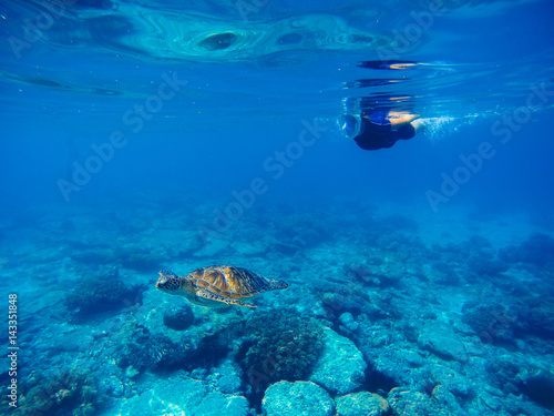 Green turtle with swimming woman in full face mask and snorkeling wear.