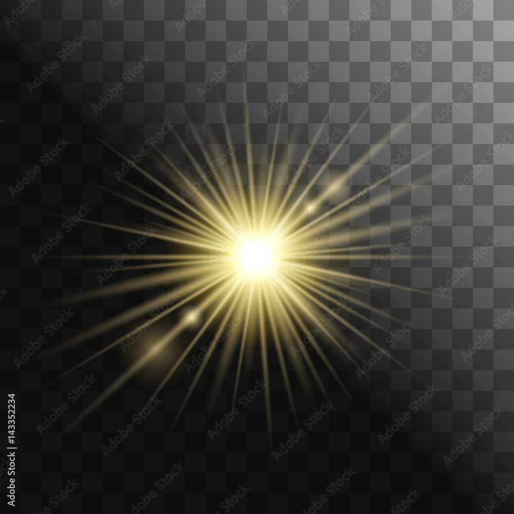 Gold glowing light burst explosion on transparent background. Ve