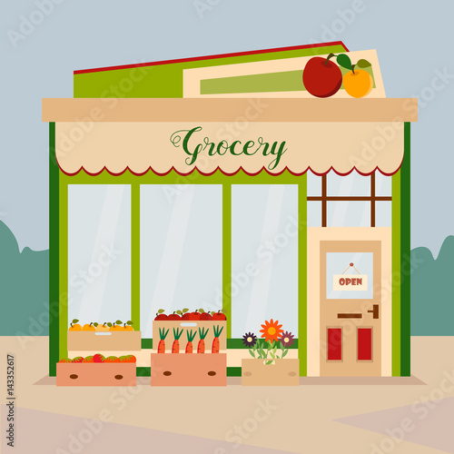 Illustration of the grocery, little shop with local food and vegetables