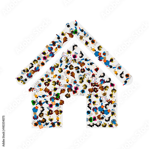 A group of people in a shape of  house icon, isolated on white background. Vector illustration